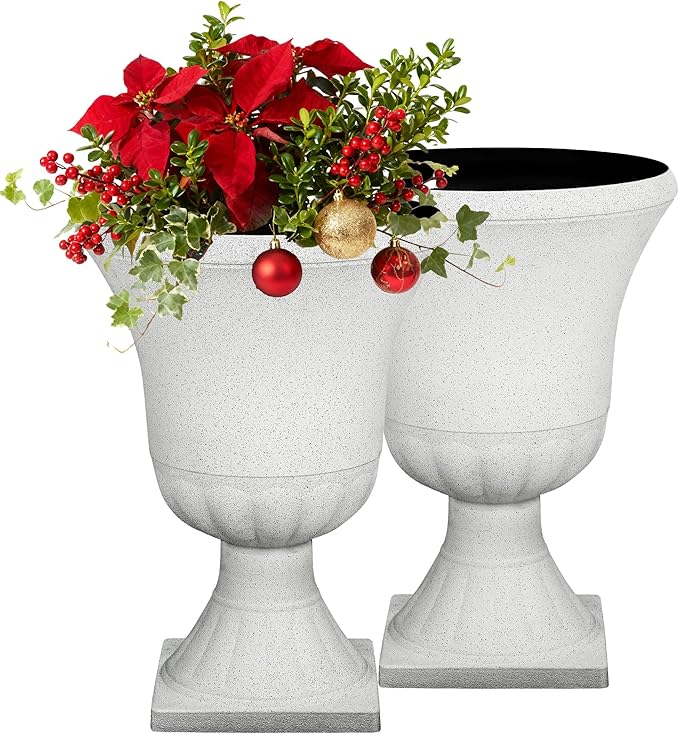 Autodaya 22" Urn Planters Outdoor Planter for Plants Set of 2 Timeless Plastic Large Flower Pot with Drainage Hole Terrazzo White Garden Pots for Porch, Patio Christmas Decor
