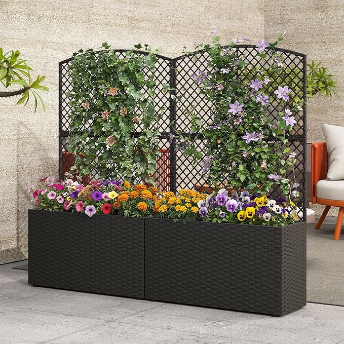HAPPYGRILL Raised Garden Bed with Trellis, 49" Wicker Planter Box w/Privacy Screen, Liner, Drainage for Patio Balcony, Outdoor PE Rattan Elevated Garden Bed for Climbing Plant Vine Flower (Brown,2)