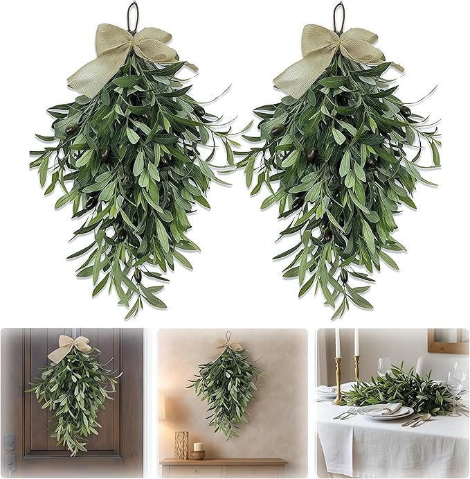 2026 Spring Olive Branch Teardrop Swag 24 Inch, Extra Full & Thick Faux Greenery with Upgraded Ribbon & Textured Leaves, Sturdy Farmhouse Hanging Wreath for Door, Wedding Arch, Kitchen, Bathroom Decor