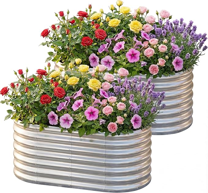 AHEONLAR 2 Pack 4×2×2ft Galvanized Raised Garden Beds Outdoor,Oval Sturdy and Durable Planter Boxes for Vegetables, Fruits, Flowers and Plants, Easy Assembly, Grey