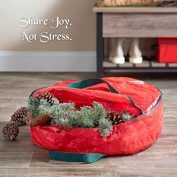 ZOBER Christmas Wreath Storage Container 30 Inch - Wreath Bag for Artificial Wreaths Box - Dual Zippered Wreaths Storage Bag with Strong Durable Handles - Red