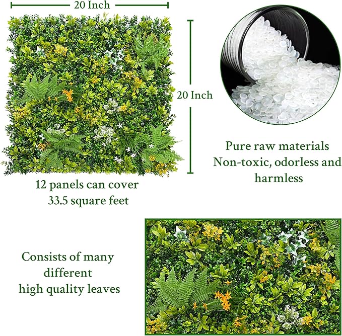 ODTORY Artificial Boxwood Hedges Panels Roll: 20"x20" 12P UV-Anti Faux Greennery Grass Wall Privacy Backdrop Fence Screen for Garden Fence Covering Privacy, Outdoor Indoor Home Decor