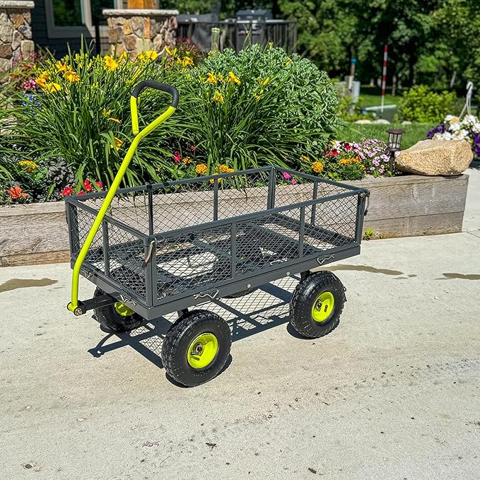 Yard Tuff 3-in-1 Dual Side Dump Wagon with Fold-Down Sides for Outdoor Garden, and Lawn with Pneumatic Tires and Heavy Duty Steel, 20 x 38 Inch