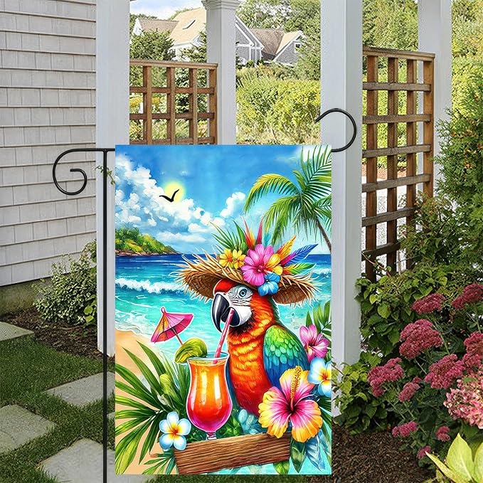 Summer Parrot Garden Flag 12x18 Double Sided Tropical Bird Yard Flag Red Parrot Welcome Banner Outdoor Beach Palm Tree Decor Summer Garden Decorations for Home Lawn Patio Porch
