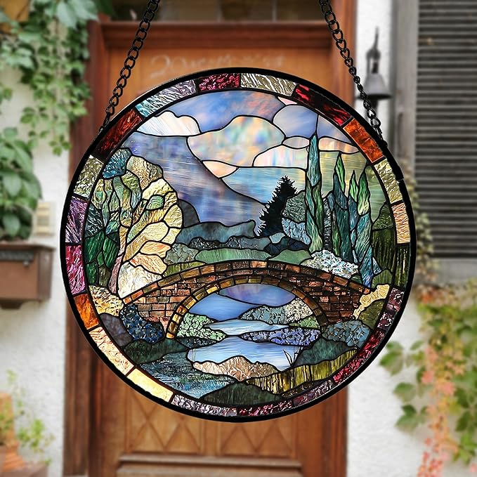AMDERVEN Stained Glass Window Hanging, Blue Landscape Arch Bridge Sun Catcher for Door Home Decor Suncatcher Christmas Mother's Day Birthday Gifts for Women Men Mom and Nana 15 in