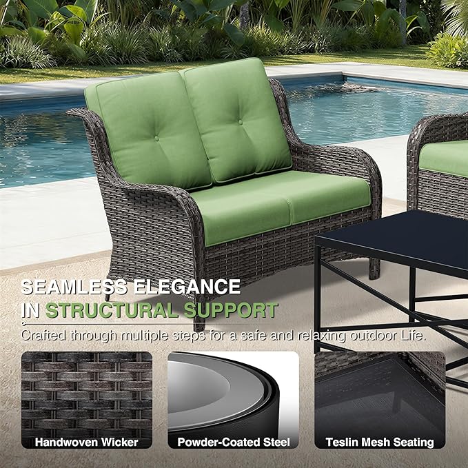 Joyside 5 Piece Wicker Patio Furniture Set, Outdoor Swivel Rocker Patio Chairs with High Back, Deep Seating, Wide Armrest, Thickened Cushions, Outdoor Furniture for Deck, Porch Use