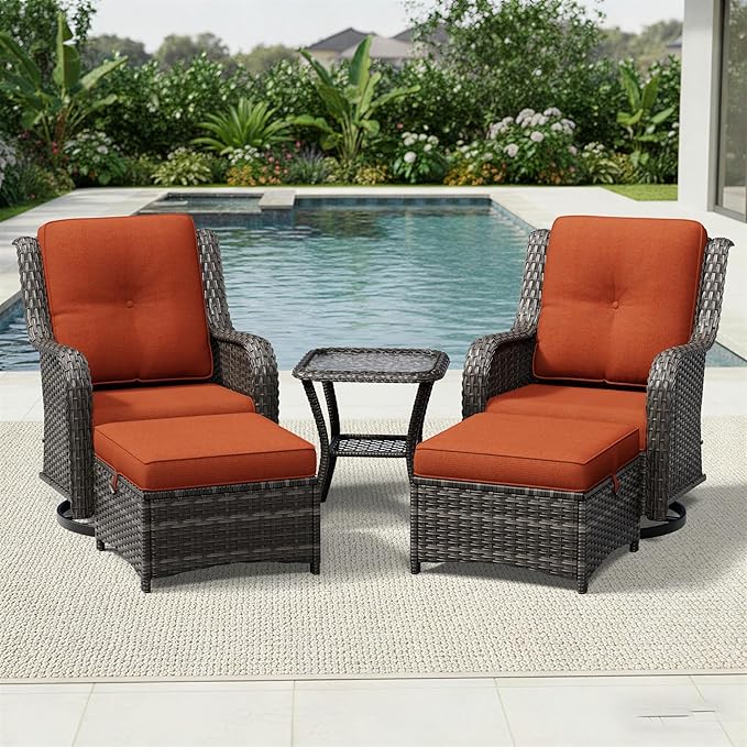 Joyside 5 Piece Wicker Patio Furniture Set, Outdoor Swivel Rocker Patio Chairs with High Back, Deep Seating, Wide Armrest, Thickened Cushions, Outdoor Furniture for Deck, Porch Use