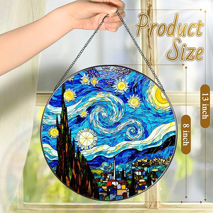 LAOWEIKI 8'' Van Gogh Starry Night Sun Catcher Ornament, Stained Glass Window Hanging, Sun Catchers for Windows Hanging Ornaments, Window Decor, Ideal Gift | Gifts for Art Lovers, Friends, Family