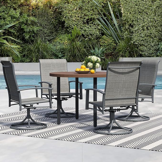 5 Pieces Outdoor Table and Chairs for 4, 42" Walnut Round Table with 4 Grey Swivel Chairs, Patio Set with Swivel Chair, Garden Tables for Outdoor, Patio Dining Set for Lawn Backyard Poolside