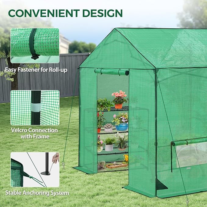 10x10 Pop Up Walk-in Greenhouse, Indoor & Outdoor PE Cover Green House with Power Access Ports, Support Pole, Roll-up Zippered Doors and Windows, Green