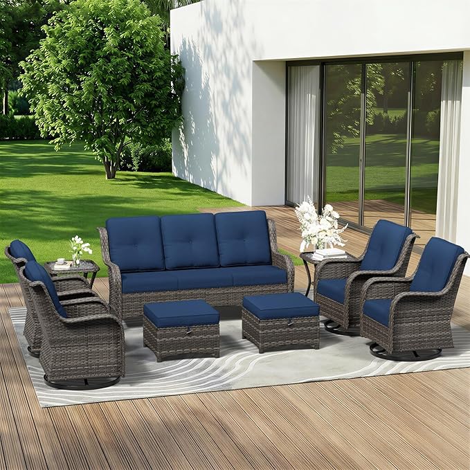 9 Piece Outdoor Wicker Patio Furniture Set, Outdoor Swivel Rocker Patio Chairs Set with Thickened Olefin Cushions, High Back and Deep Seating, Hand-Woven PE Rattan for Porch, Deck