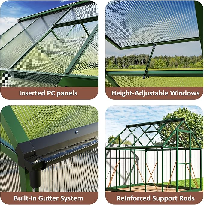8x12 FT Greenhouse for Outdoors, Quick Setup Polycarbonate Greenhouse for Outside with Roof Vent, Aluminum Large Walk-in Green House for Garden Backyard, Green