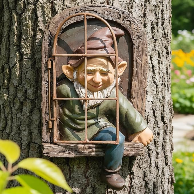 12" Real Gnome Tree Face Hugger Statue,Garden Decoration Climbing Decor Outdoor,Whimsical Fairy Door Tree Face Figurine Lawn Patio Decor,Funny Elves Peeker Sculpture Hanging Yard Art