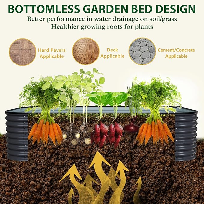 BlueWish 8x4x2FT Raised Garden Bed with 3 Aluminum Support Rods, Many-in-1 Modular Planter Box with Bottomless Design, 24’’H Galvanized Raised Garden Bed for Vegetable, Flower, Fruit, Grey