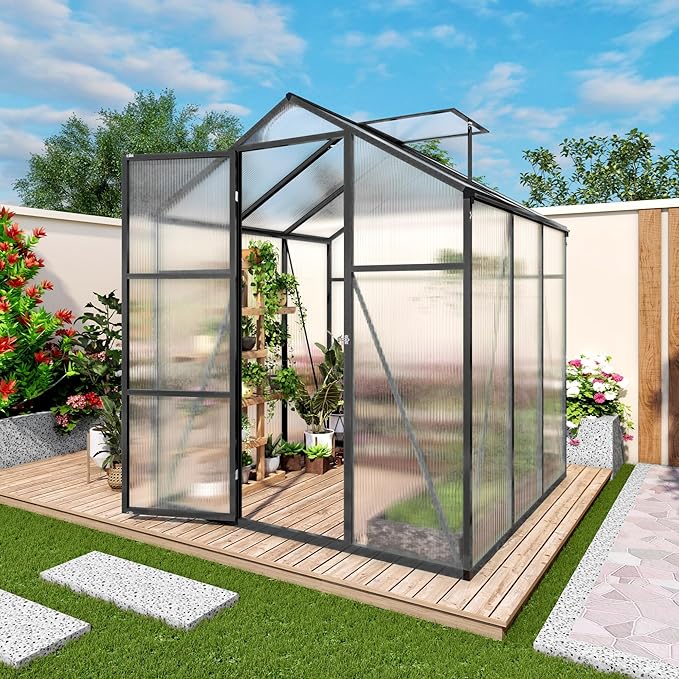 7.2FT High 6.1*6.1FT Greenhouse for Outdoors, Polycarbonate Greenhouse with Stronger Wind Protection and Roof Vent,Walk-in Large Aluminum Sunroom Winter Proof,Black