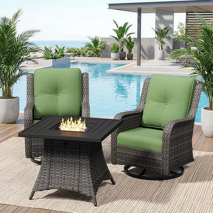 3 Pieces Outdoor Wicker Patio Furniture Set with Fire Pit Table, Swivel Rocker Patio Chairs Set with Thickened Cushions, High Back and Deep Seating, Hand-Woven PE Rattan for Porch, Deck