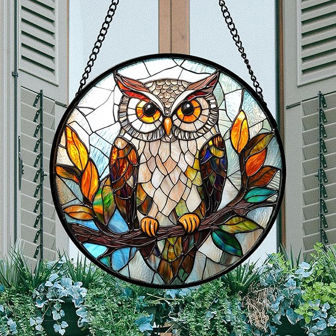 DASTOLL Stained Glass Window Hanging, Owl Colorful Leaves Birds Sun Catchers Diamond Glass Panel Hangings Suncatcher Decor for Birthday for Women, Men, Wife, Aunt, and Mom 14.9x14.9 in