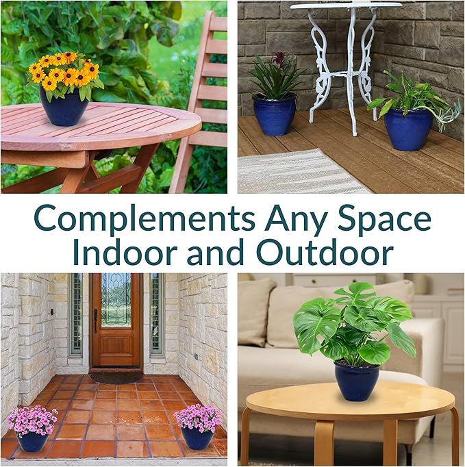 Sunnydaze Round Ceramic Planter - Set of 2 Indoor or Outdoor Plant Pots with Drainage Hole - Chalet - 9" - Imperial Blue Glaze