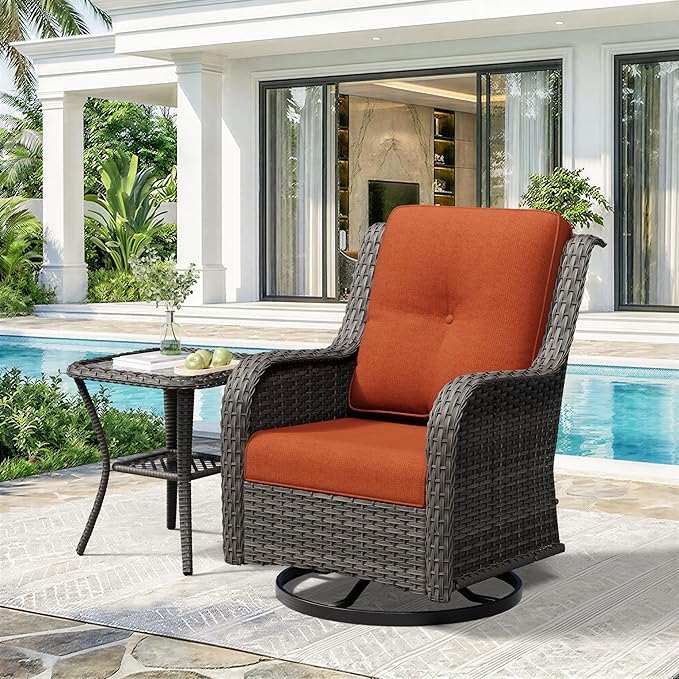 2 Pieces Outdoor Swivel Rocker Patio Chairs Set - Outdoor Wicker Patio Furniture Sets with 1 Side Table, Olefin Fabric Cushions Suitable for Backyard Deck and Porch, Orange