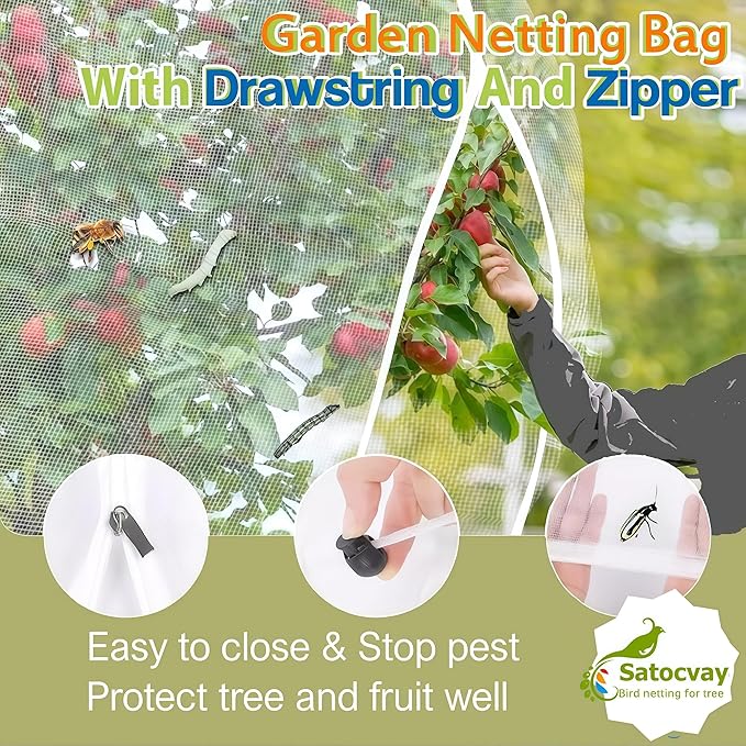 Fruit Tree Netting with Drawstring & Zipper - 3 Pack 6x7.2 FT - Reusable Plant Protection Bag, Heavy Duty PE Mesh Cover for Blueberry Bushes - Blocks Birds/Deer/Squirrels