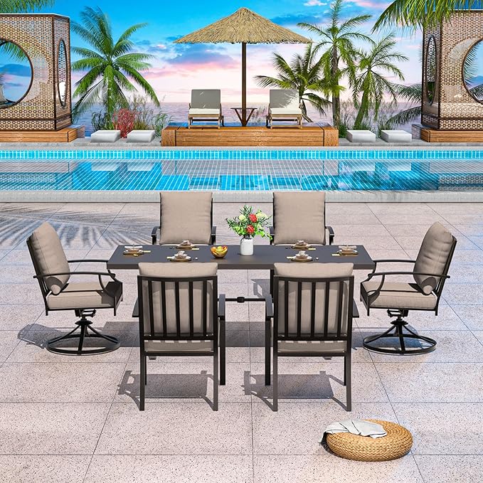 7-Piece Patio Dining Set Outdoor Conversation Set,Metal Outdoor Furniture Set with Umbrella Hole Cut-Out 78.7" x 35.4" Table and 6 Metal Chairs for Backyard,Garden,Sand