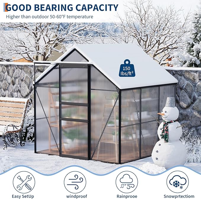 GAOMON 6 x 6 FT Polycarbonate Greenhouse - Winter Greenhouses for Outdoors, Aluminum Frame, Sliding Door, Adjustable Roof Vent, Backyard Green Houses, Black