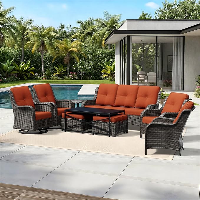Joyside 9 Piece Wicker Patio Furniture Set, Outdoor Swivel Rocker Patio Chairs with High Back, Deep Seating, Wide Armrest, Thickened Cushions, Outdoor Furniture for Deck, Porch Use