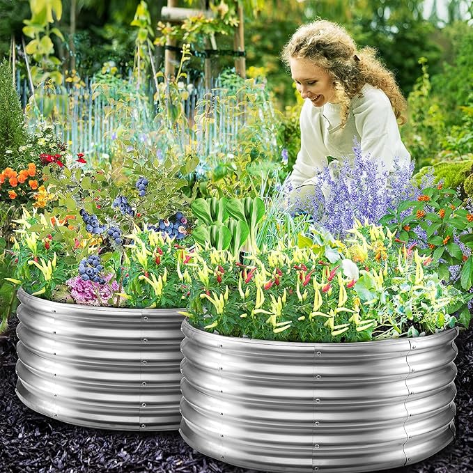 17" Tall Round Outdoor Garden Raised Garden Bed Kits-0.8MM Thick Metal Raised Planter Bed/Ground Planter Box for Variety of Flowers,Herbs,Vegetables,Trees (Silver, 40 Dia X 16.5 inches)