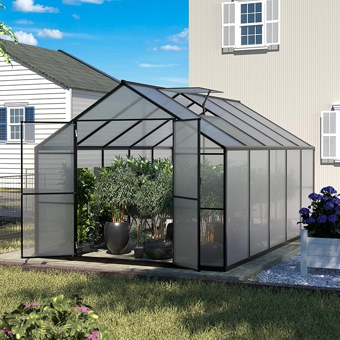 8x10 FT Outdoor Aluminum Greenhouse Kit, Polycarbonate Aluminum Walk-in Greenhouse with Adjustable Roof Vent and Lockable Door, Backyard Garden in Winter, Gray