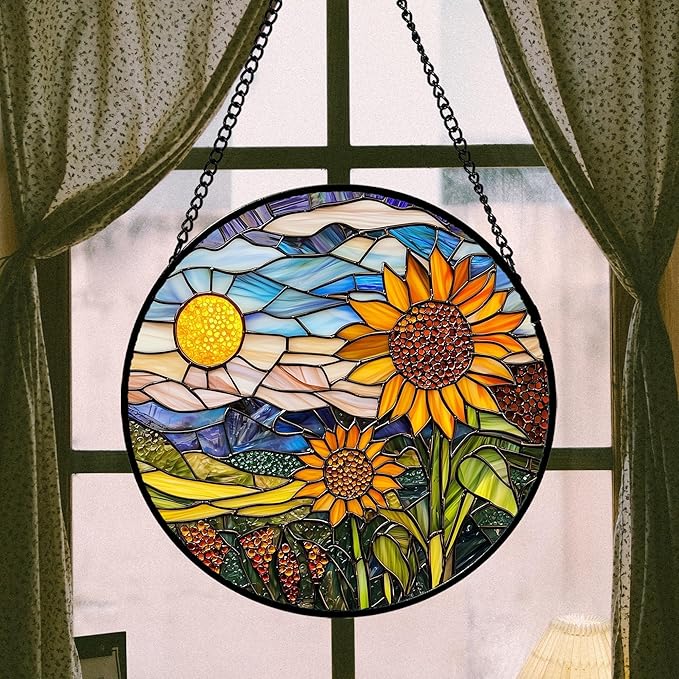 AMDERVEN Stained Glass Suncatcher, Sunflower Flowers Landscape Sun Catcher Plant Mountains Stain Glass Window Hanging Decoration Mother's Day Birthday Gifts for Women Men Mom Nana 6.3 in