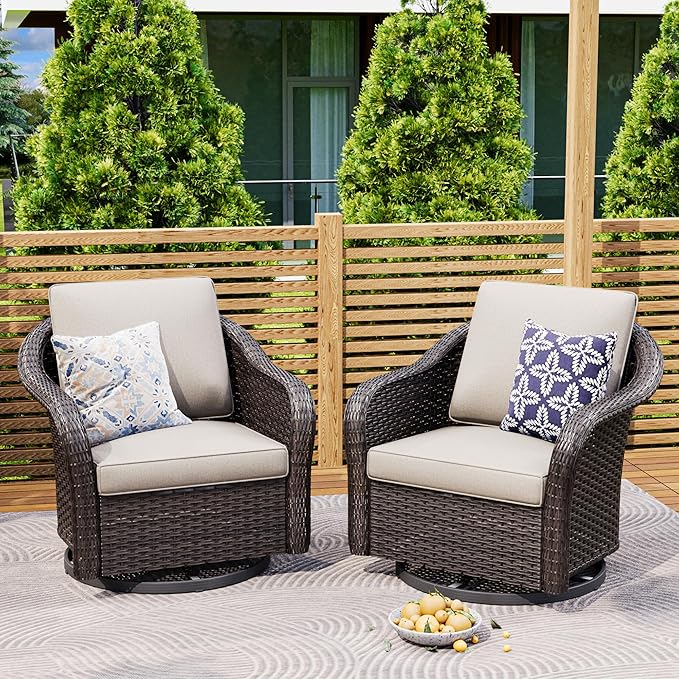 Outdoor Wicker 360 Degree Swivel Glider Rocker Chairs Set, Patio Conversation Furniture Set with Washable Cushions for Garden, Poolside (Beige)