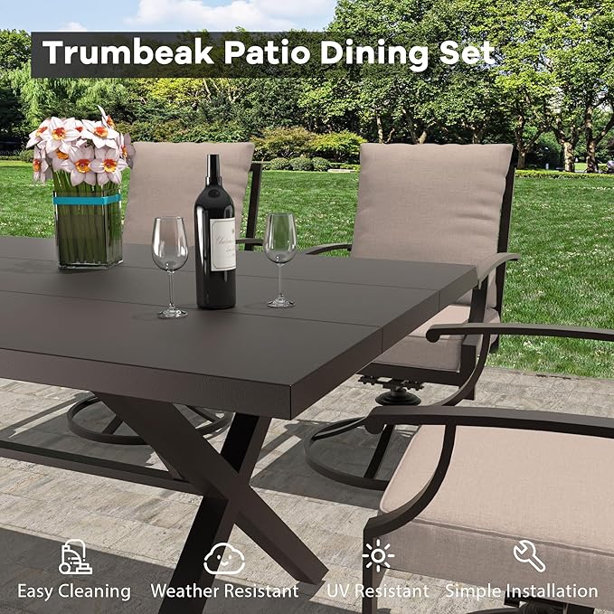 7-Piece Patio Dining Set Outdoor Conversation Set,Metal Outdoor Furniture Set with Umbrella Hole Cut-Out 78.7" x 35.4" Table and 6 Metal Backrest Swivel Chairs for Backyard,Garden,Sand