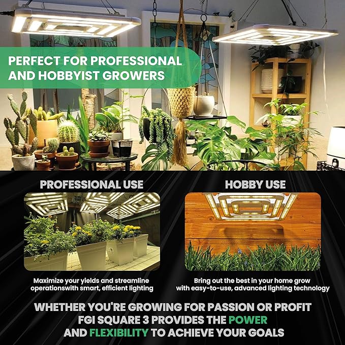 FGI Square 3 320 W Smart LED Grow Light Bundle. 3×3 ft Full Spectrum 4000 K + 660 nm + 730 nm Far-Red, Smart Wi-Fi App Control, Dimmable and Energy Efficient Indoor Grow Lamp for Tents and Greenhouses