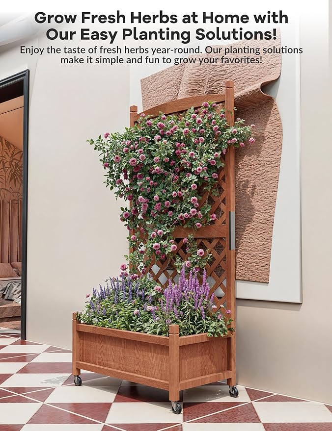 2 PCS Wooden Planter Box with Trellis, 29.5x13x61.5 in – Elevated Raised Garden Bed with Drainage Holes & Locking Wheels – Perfect for Outdoor, Balcony, or Indoor Gardening – Quick Assembly