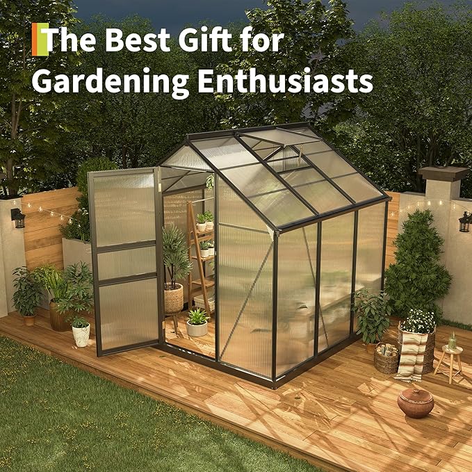 6*6 FT Outdoor Walk-in Greenhouse, Polycarbonate Green House, Heavy Duty Greenhouse with Vented Roof Window, Windproof Aluminum Frame, Suitable for Outside Gardening, Backyard, Patio
