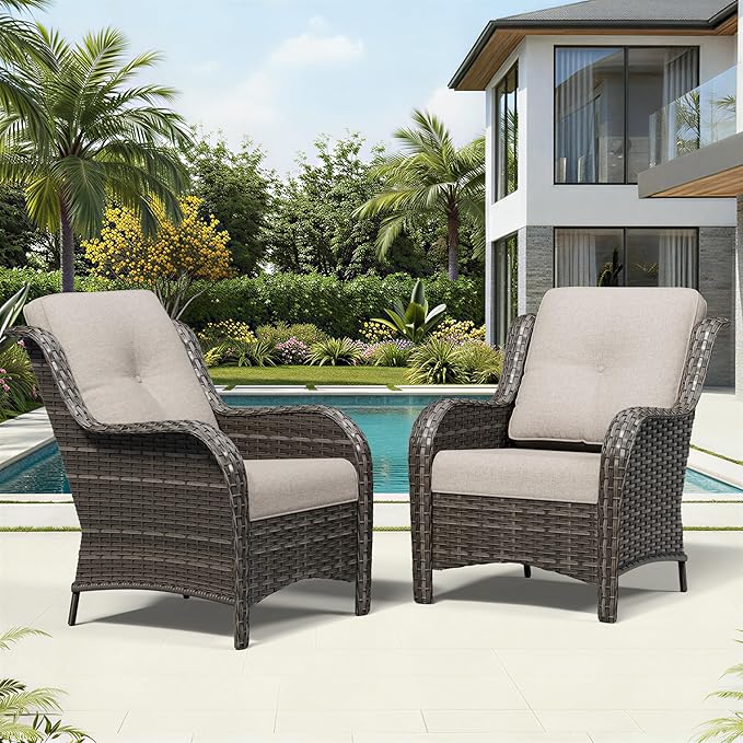 Joyside Patio Chairs Set of 2, Wicker Patio Furniture with High Back, Deep Seating, Wide Armrest, Thickened Cushions, Outdoor Rattan Furniture for Deck, Porch Use