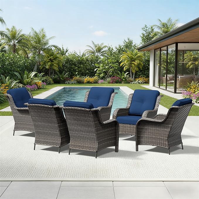 Joyside 6 Piece Wicker Patio Furniture Set, Rattan Patio Chairs with High Back, Deep Seating, Wide Armrest, Thickened Cushions, Outdoor Furniture for Deck, Porch Use