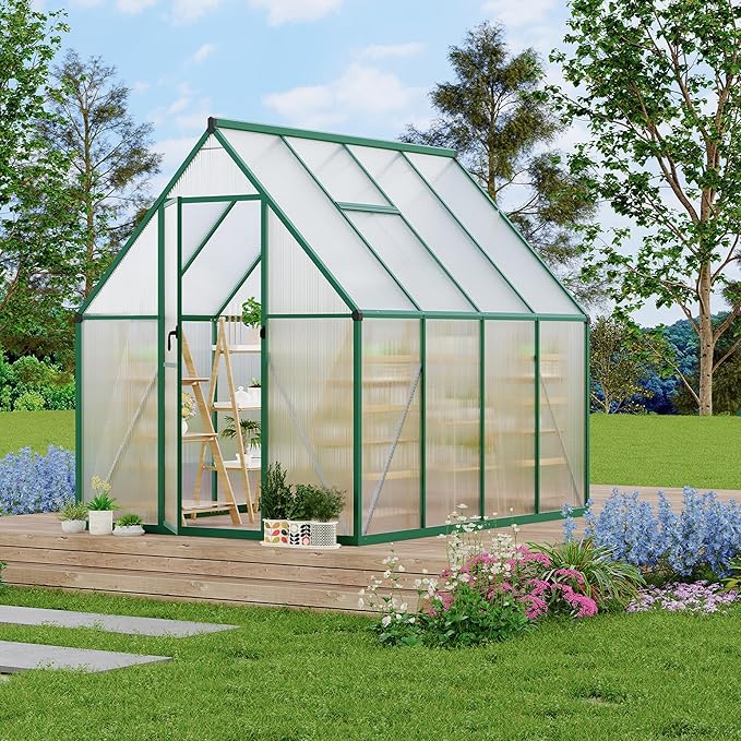 Polycarbonate Greenhouse for Outdoors, Large Walk-InGreenhouse with Quick Setup Structure and Roof Vent, Greenhouse with Ventilation