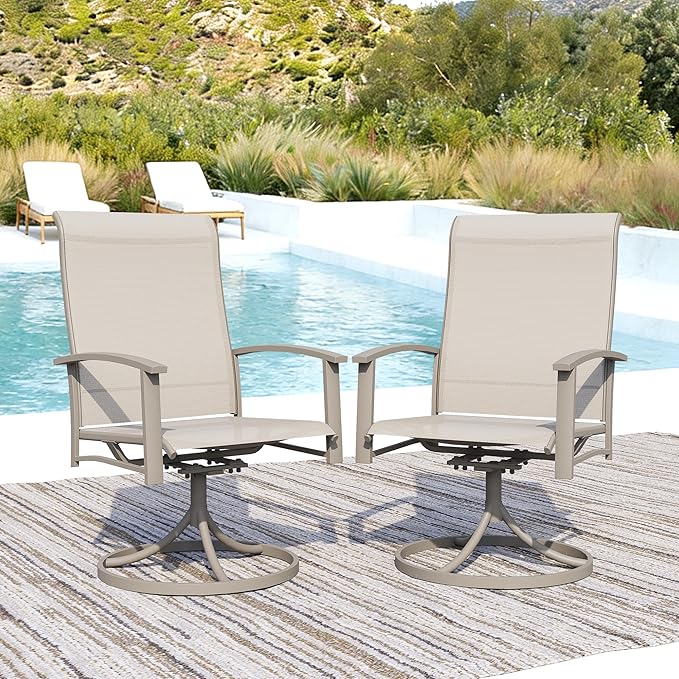 Patio Swivel Chairs Set of 2, All-Weather Metal Outdoor Dining Set with Breathable Mesh Seat, Lightweight Ivory Swivel Bistro Chairs for Garden, Deck, Porch - Cool & Comfortable Relaxation