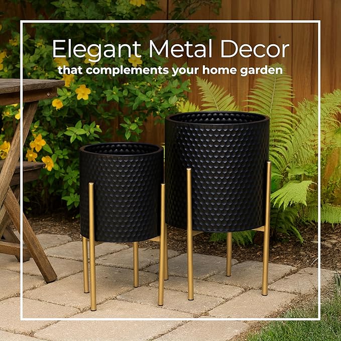 Decorative Flower Pots with Metal Stand for Home Decor - Modern Planters for Hallway, Entryway, and Living Room Decor - Indoor and Outdoor Pots for Plants - Set of 2, 23", 19", Black & Gold