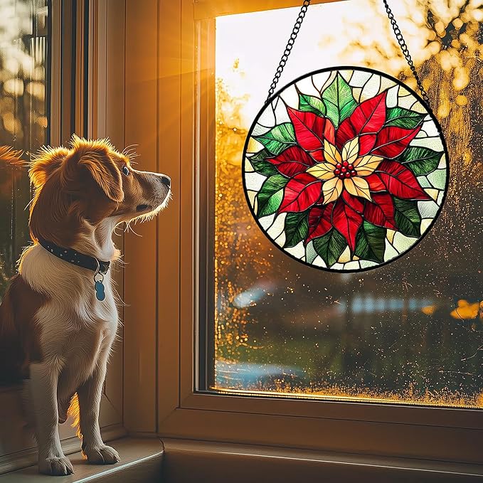 AMDERVEN Stained Glass Window Hanging - Red Poinsettia Birth Flower Sun Catcher for Door Garden Home Decor Suncatcher Christmas Mother's Day Birthday Gifts for Women Men Mom Girl Nana Friend 9.8 in