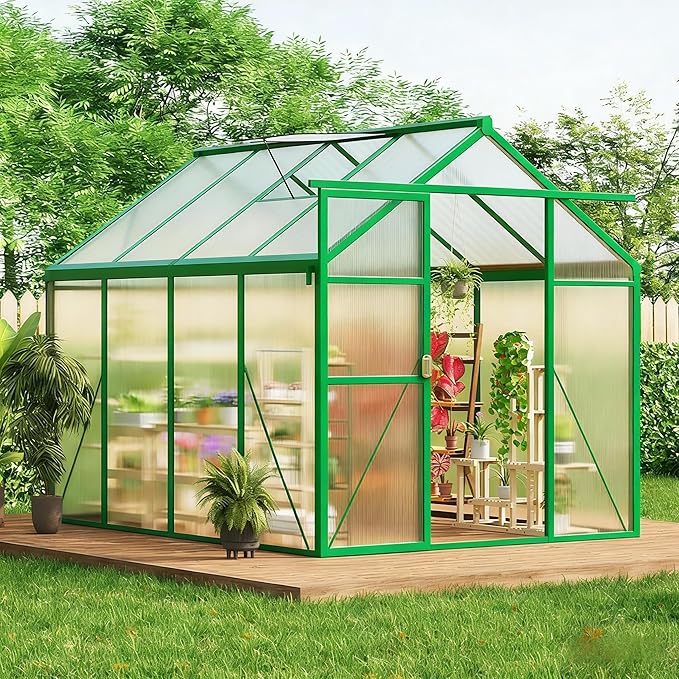 6X8 FT Greenhouse for Outdoors, Walk-in Greenhouse Kit with Aluminum Frame, Polycarbonate Panels, Adjustable Roof Vent, Sliding Door, Secure Lock for Outside Garden, Patio, Backyard