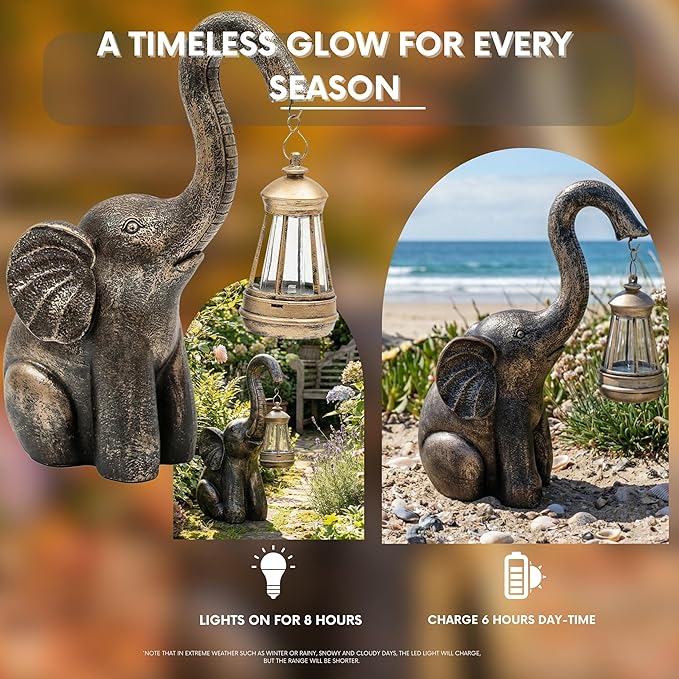 Solar Garden Statues Elephant with Solar Lantern, Lucky Waterproof Resin Outdoor Decorations for Patio Yard Lawn, Solar Light Ornament Gifts for Housewarming Mom Women