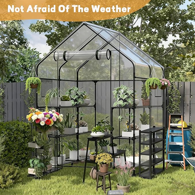 Walk in Greenhouse with Screen Windows & Roll-Up Zipper Door, 56 x 56 x 77'' Plant Green Houses for Outdoors, 3 Tiers 12 Shelves Stands Plastic Portable Small Indoors Warm (Clear)