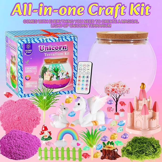 Hannstar Unicorn Terrarium Crafts Kit for Kids-LED Night Light Up & Remote Unicorn Birthday Gifts Toys for Girls Ages5 6 7 8 9 10 Year Old-Christmas Gifts for Girls
