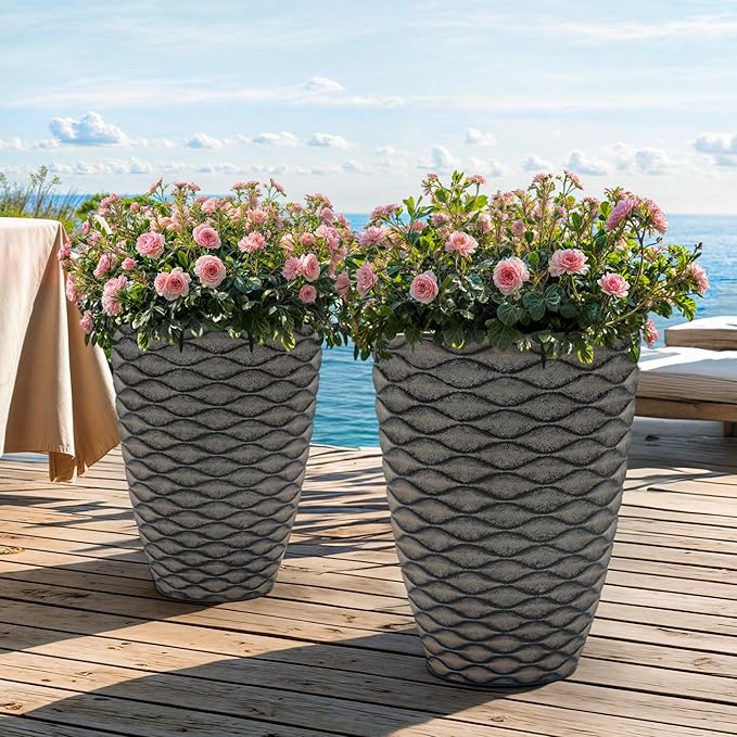 Autodaya 20" Tall Planters Set of 2, High-Density Resin Wavy Outdoor Pots for Plants, Versatile Indoor/Outdoor Flower Pots w/Drainage Holes for Patio, Garden, Porch & Living Room Decor, Ideal Gift