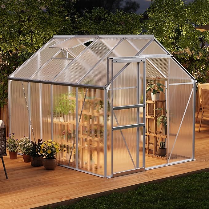 GAOMON 6 x 8 FT Polycarbonate Greenhouse - Winter Greenhouses for Outdoors, Aluminum Frame, Sliding Door, Adjustable Roof Vent, Backyard Green Houses, Silver