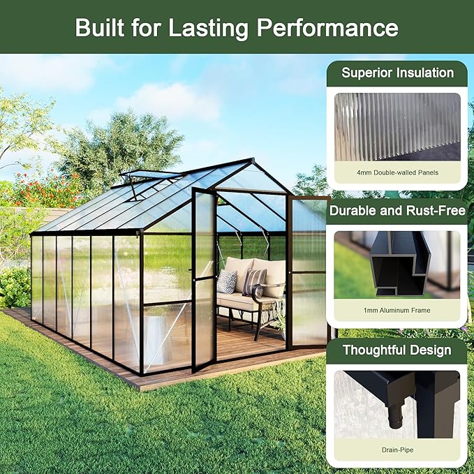 8X12 FT Polycarbonate Greenhouse, 6 FT Height Aluminum Large Green Houses for Outside Heavy Duty, Quick Setup Walk in Greenhouses with 2 Roof Vent and Rain Gutter for Outdoor, Black (143"Wx96"Dx77"H)