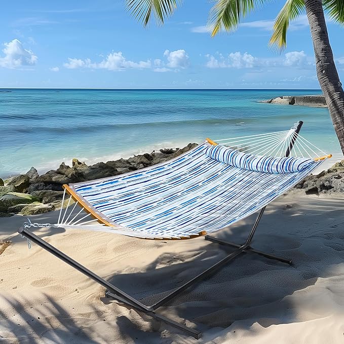 SUPERJARE Hammock with Stand, 2 Person Heavy Duty Hammock Frame, Detachable Pillow & Strong Curved-Bar & Portable Carrying Bag, Perfect for Outdoor & Indoor - Graffiti Blue