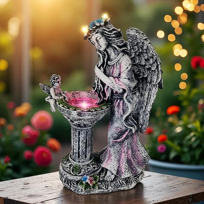 Evursua Garden Angel Decor 12 Inch Solar Fairy Outdoor Statue with Fountain Light Color Changing, Solar Lights Yard Decoration for Front Porch Flowerpot Patio Ornaments, Home Decor Gifts for New Year